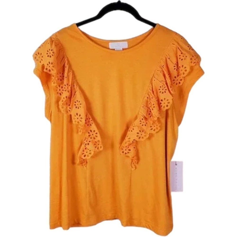 Rachel Parcell Eyelet Ruffle Orange Citrus Tee Pullover Top Shirt NWT Sz L